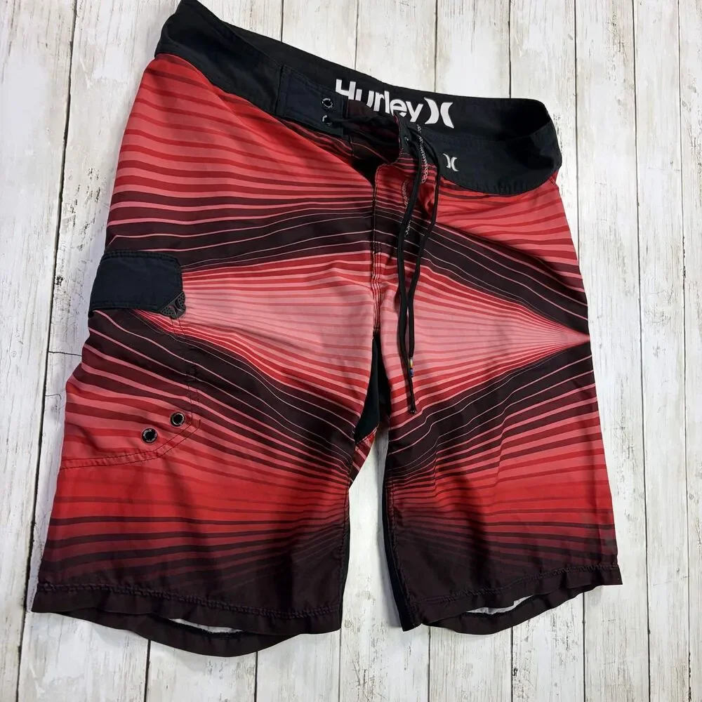 Y2K Hurley Mens Phantom Board Shorts Size Medium Swim Trunks Red Black Striped